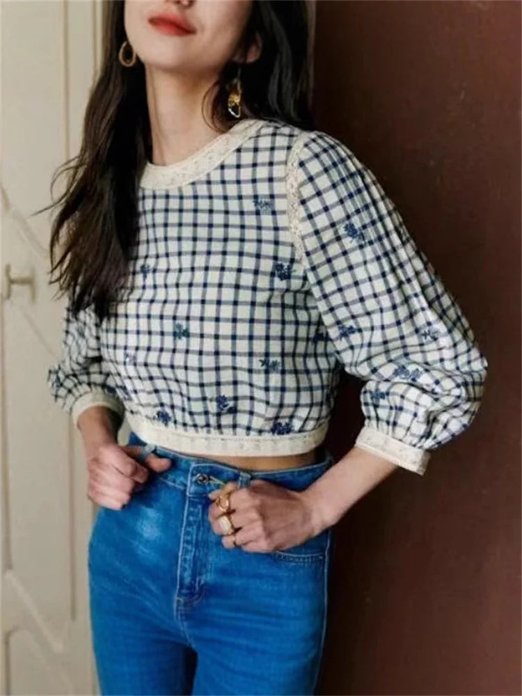 VILZSTUDIOS Rustic Floral Embroidered Plaid Blouse