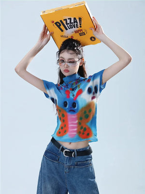 VILZSTUDIOS Graphic Butterfly Pleats T-Shirt