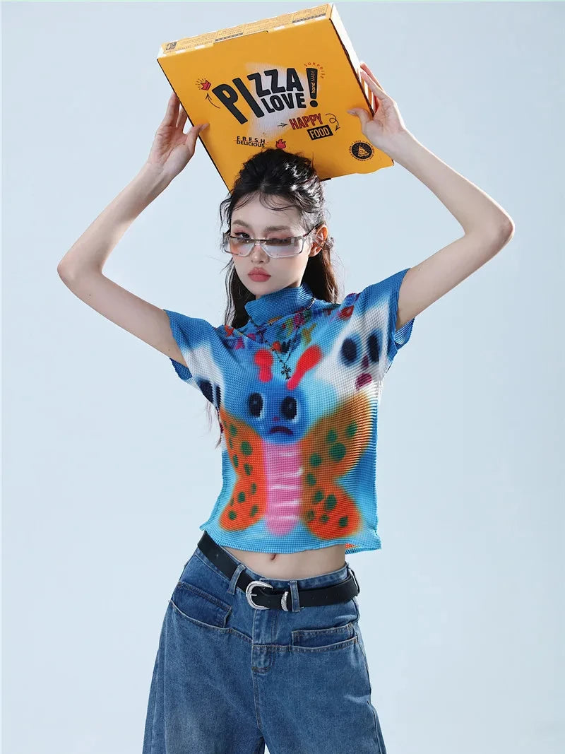 VILZSTUDIOS Graphic Butterfly Pleats T-Shirt