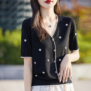 VILZSTUDIOS Embroidered Casual V-Neck Light Cardigan