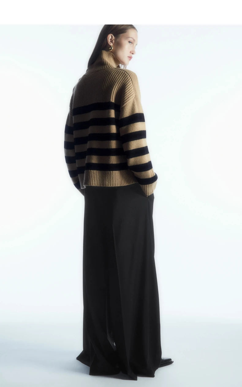 VILZSTUDIOS Striped Button Turtleneck Casual Sweater