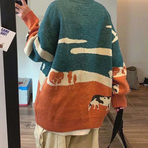 VILZSTUDIOS Vintage Winter Cows Print Sweaters