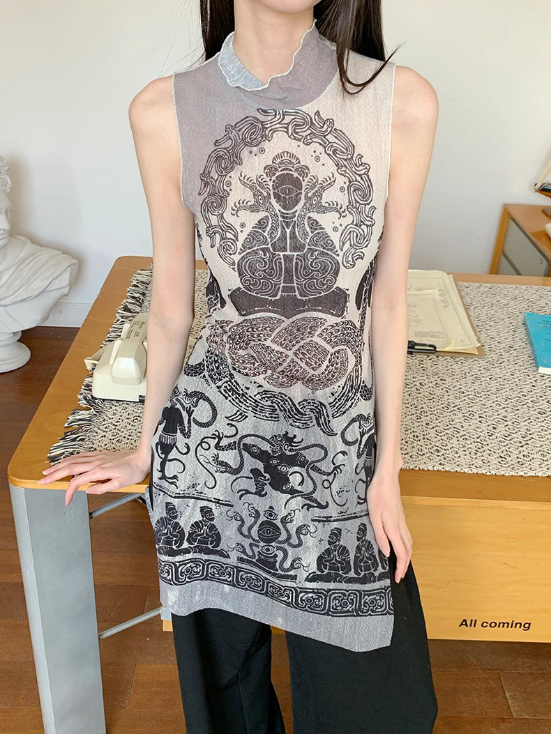 VILZSTUDIOS Snake Graphic Sleeveless Mesh Turtleneck Tank Top