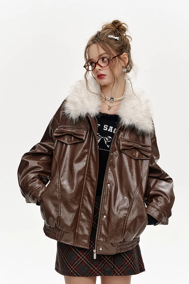 VILZSTUDIOS Plush Collar Spliced PU Jacket