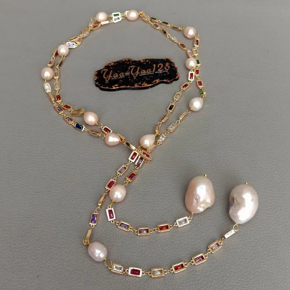 VILZSTUDIOS Pink Baroque Pearl Mixed Color Long Chain Necklace