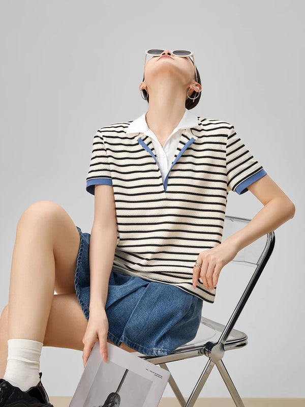 Striped Polo V-Neck Knit T-Shirt