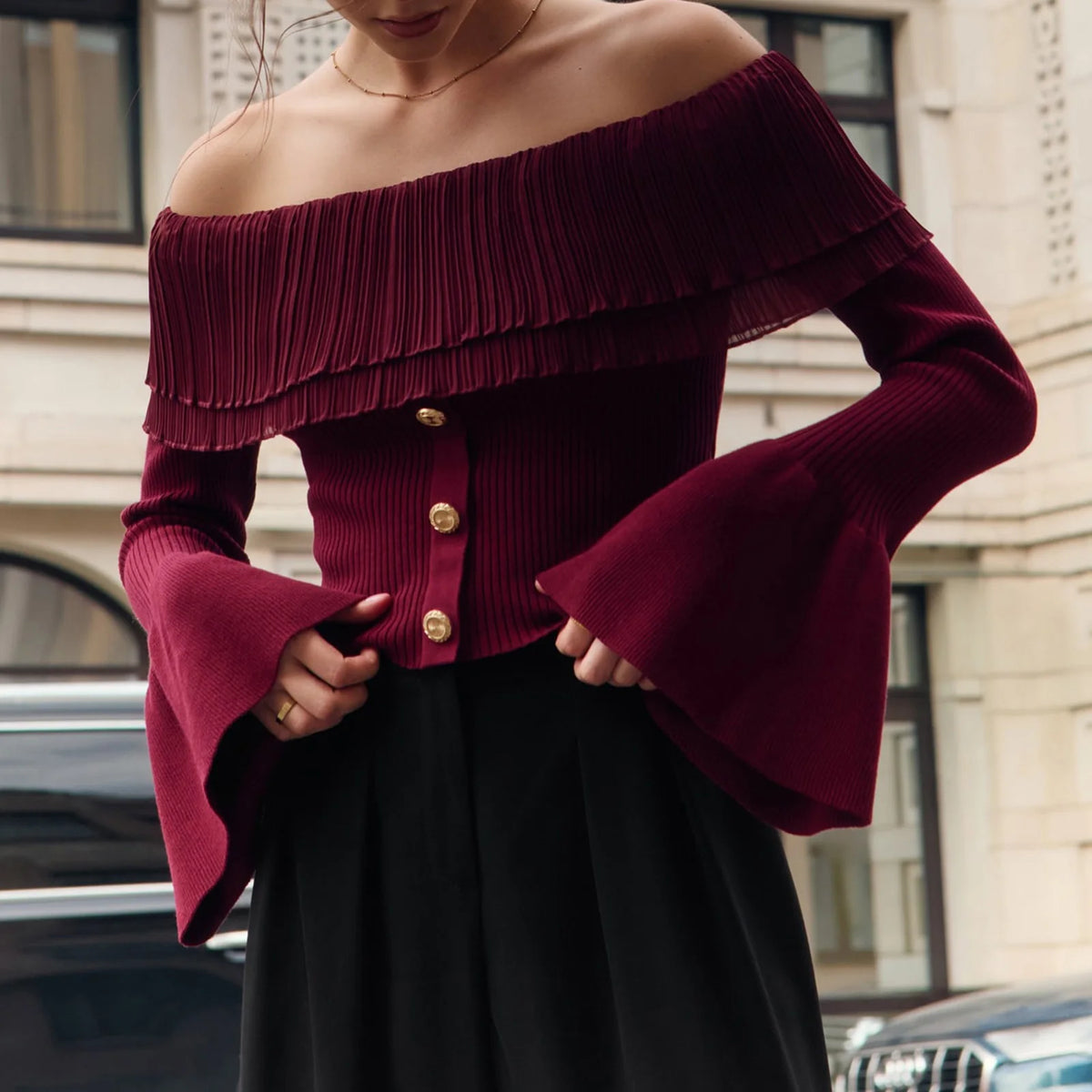 VILZSTUDIOS Minimalist Solid Knit Off Shoulder Pleated Blouse