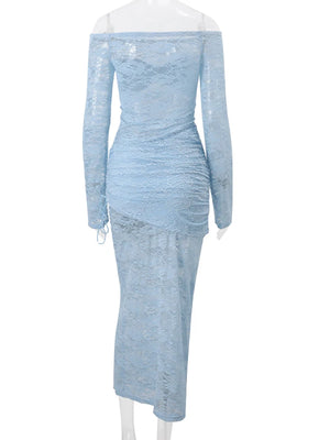 VILZSTUDIOS Blue Lace Off Shoulder Maxi Dress