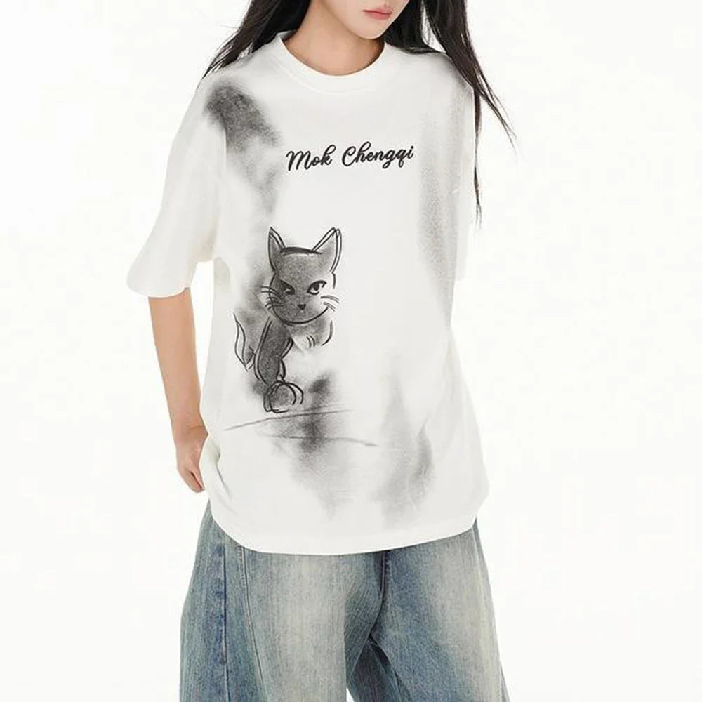 VILZSTUDIOS Vintage Graphic Kitten Print Short T-Shirt
