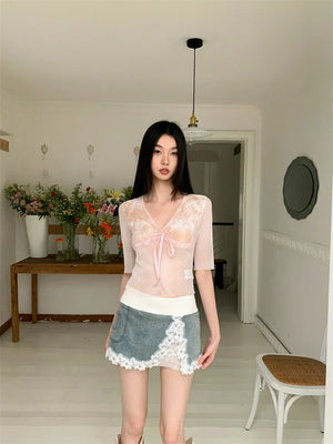VILZSTUDIOS Pink Tie Dye Bow Mesh T-Shirt