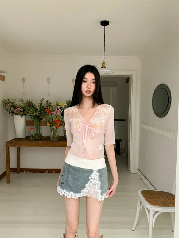 Pink Tie Dye Bow Mesh T-Shirt