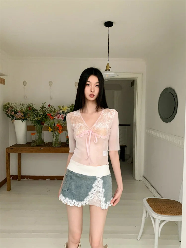 VILZSTUDIOS Pink Tie Dye Bow Mesh T-Shirt