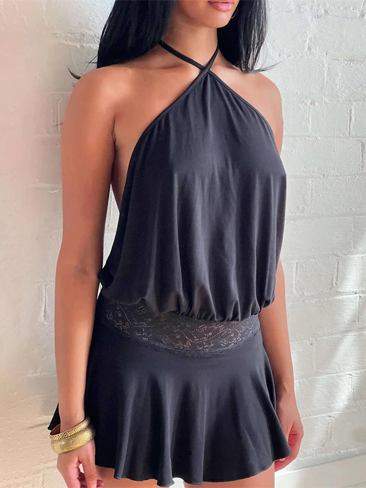 VILZSTUDIOS Sleek Lace Patchwork Halter Mini Dress