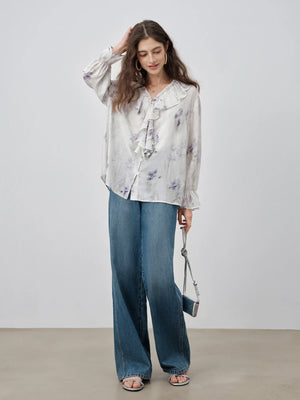 VILZSTUDIOS Elegant Wisteria Floral V-Neck Blouse