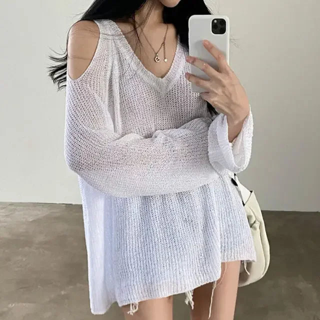 VILZSTUDIOS Knitted Off Shoulder V-neck Sweater