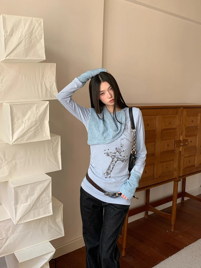 VILZSTUDIOS Rivet Designer Light Blue Knit Top