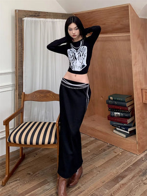 VILZSTUDIOS Black Pearl Print Long Sleeve Cropped Top