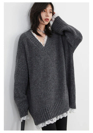 VILZSTUDIOS Casual Loose V-Neck Knit Sweater