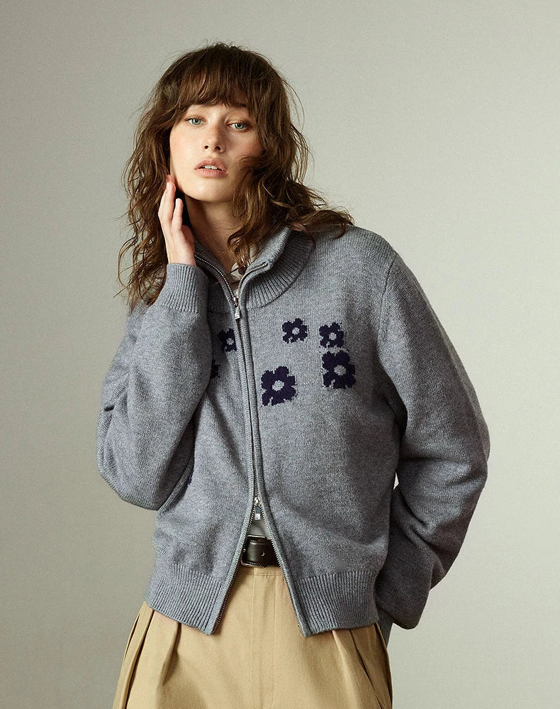VILZSTUDIOS Flower Embroidered Zipped Cardigan