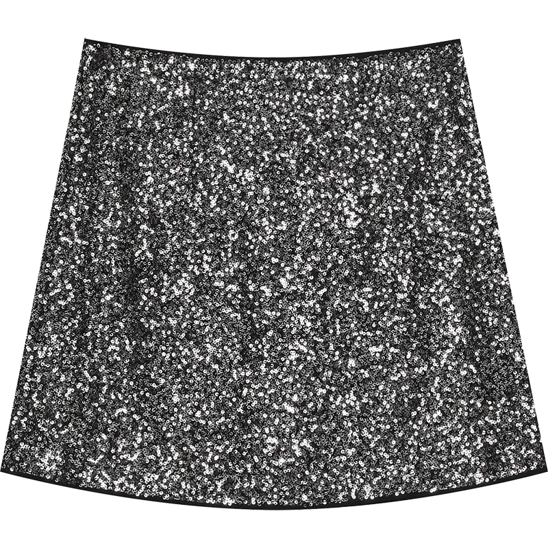 VILZSTUDIOS Silver Sequined High Waisted A-Line Mini Skirt