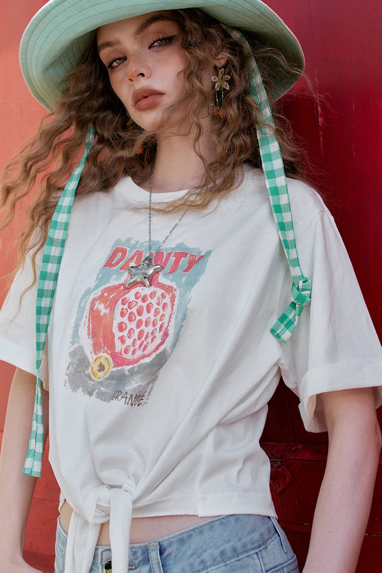 VILZSTUDIOS Fruit Printed Lace-Up Casual T-Shirt