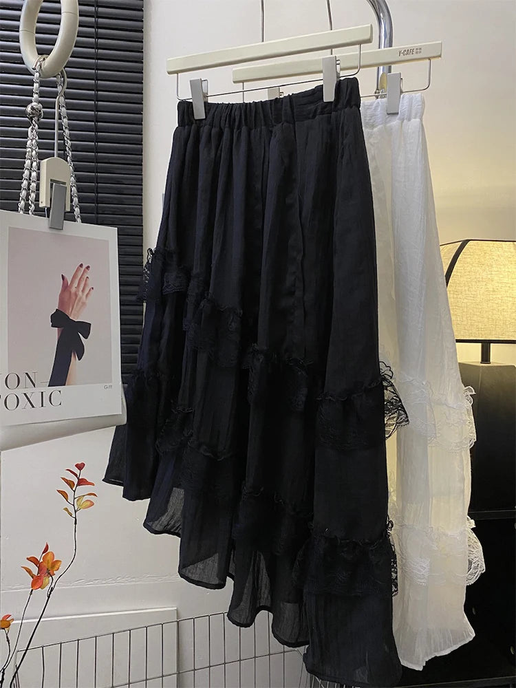 VILZSTUDIOS Gray Lace Patchwork High Waist Skirt