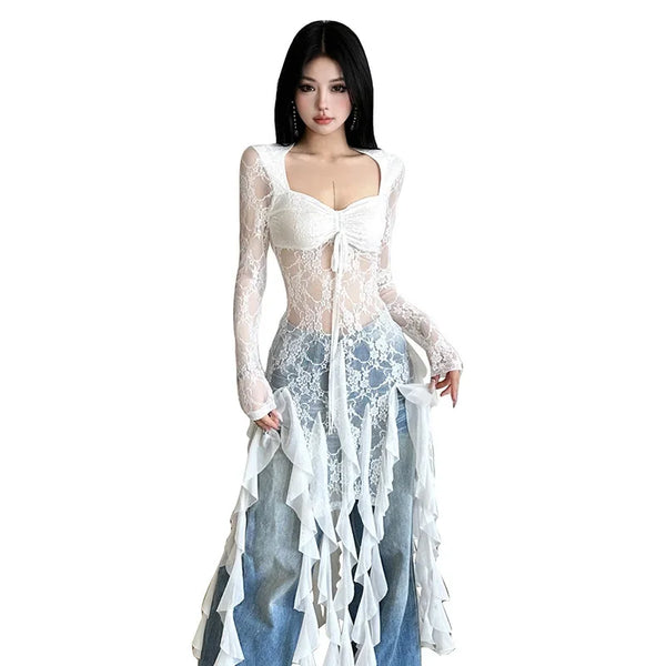 Sexy Mesh Lace Maxi Top with Ruffles