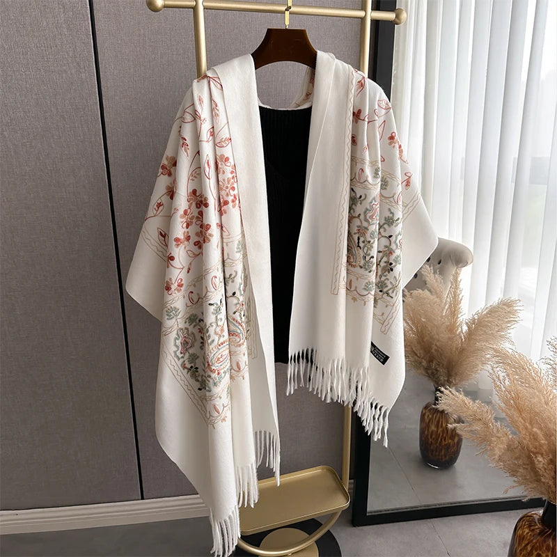 VILZSTUDIOS New Luxury Design Winter Embroidery Cashmere Scarves High Quality Women Thicken Wrap Shawl Ladies Warm Wool Pashmina Scarf