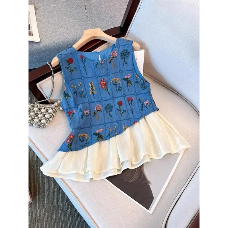 VILZSTUDIOS Floral Embroidery Vintage Ruffles Tank Top
