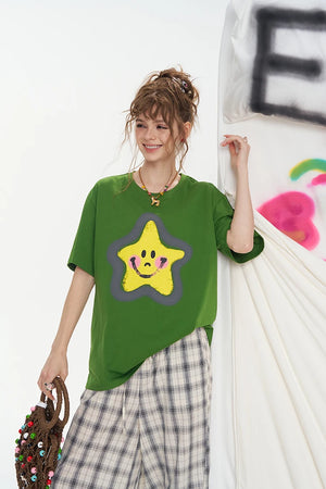 VILZSTUDIOS Smiley Star Print Short Sleeve Casual T-Shirt