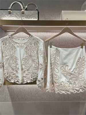 VILZSTUDIOS Chic Crochet Hollow Out Puff Sleeve Top and Mini Skirt Set