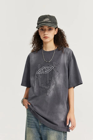 VILZSTUDIOS Acid Washed Patch Embroidery Oversize T-Shirt