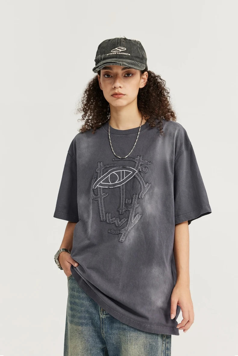 VILZSTUDIOS Acid Washed Patch Embroidery Oversize T-Shirt
