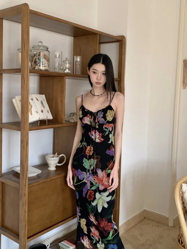 Black Floral Vacation Bodycon Slip Dress