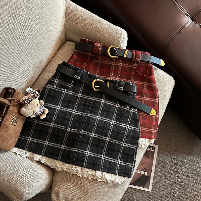 VILZSTUDIOS Plaid Lace Mini Skirt