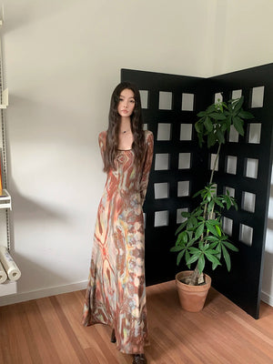 VILZSTUDIOS Brown Abstract Print Long Sleeve Dress