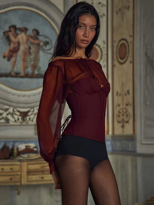 VILZSTUDIOS Elegant Wine Red Chiffon Lace-Up T-Shirt