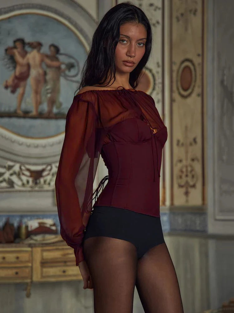 VILZSTUDIOS Elegant Wine Red Chiffon Lace-Up T-Shirt