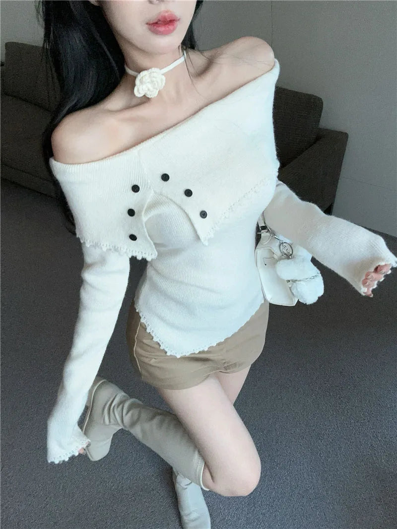 VILZSTUDIOS Chic Flower Knitwear Slash Neck Sweater