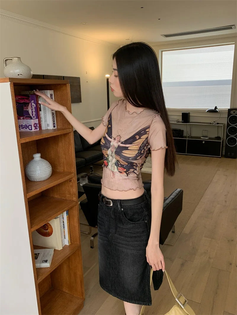 VILZSTUDIOS Butterfly Frill Mesh Graphic Crop Top