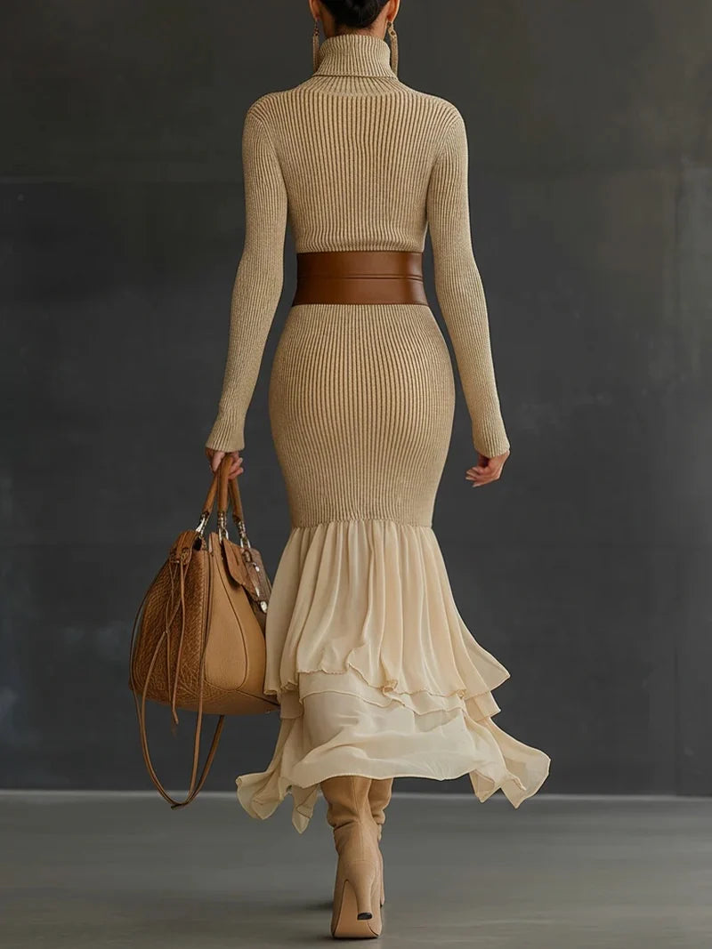 VILZSTUDIOS Elegant Knitted Turtleneck Bodycon Midi Dress
