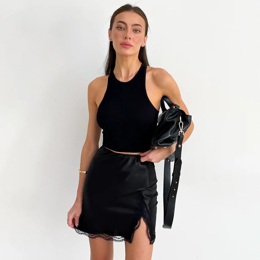 VILZSTUDIOS Elegant Satin Embroidery High Waist Skirt