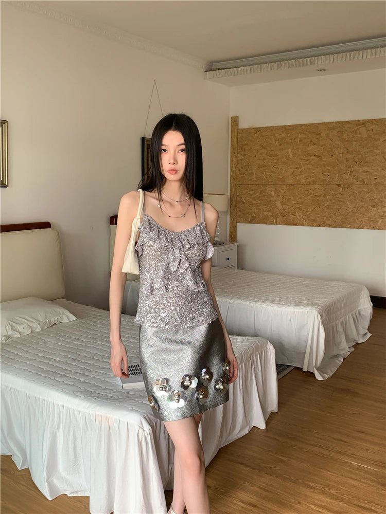 VILZSTUDIOS Silver Sequin Ruffles Tank Top