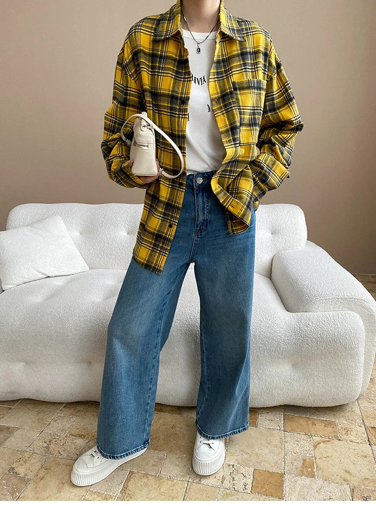 VILZSTUDIOS Yellow Plaid Oversized Loose Fit Shirt