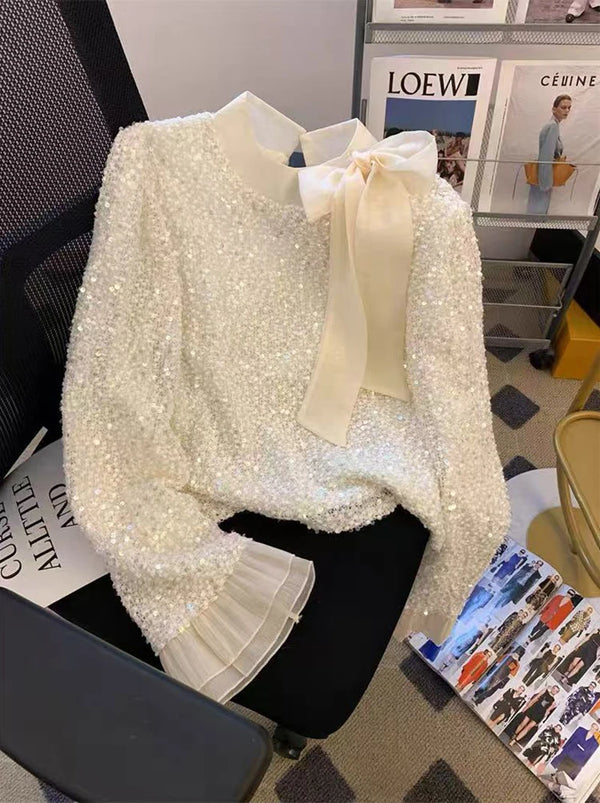 Chic Sequined Bow Blouse