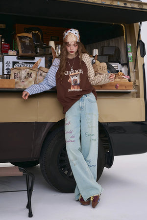 VILZSTUDIOS Embroidered Loose Straight Leg Jeans