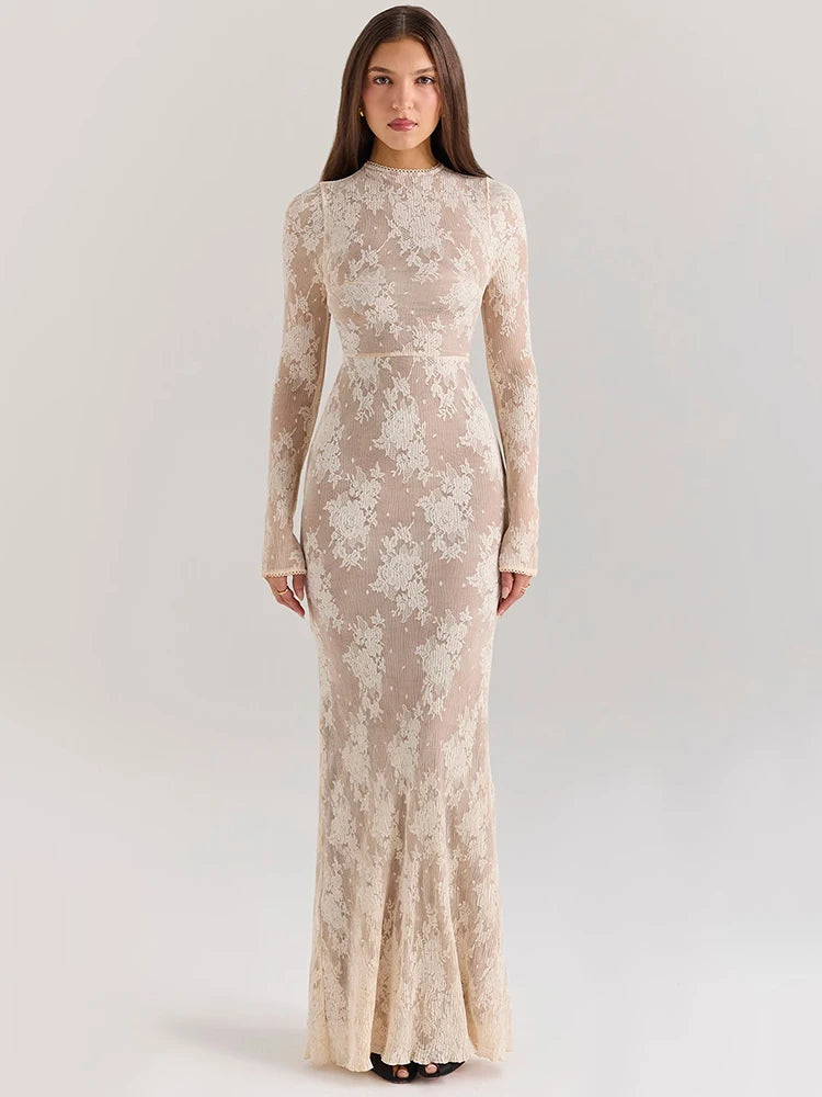VILZSTUDIOS Elegant Floral Peach Lace Maxi Dress