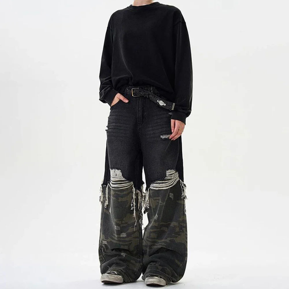 VILZSTUDIOS Retro Camouflage Stitched Baggy Ripped Jeans