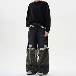VILZSTUDIOS Retro Camouflage Stitched Baggy Ripped Jeans