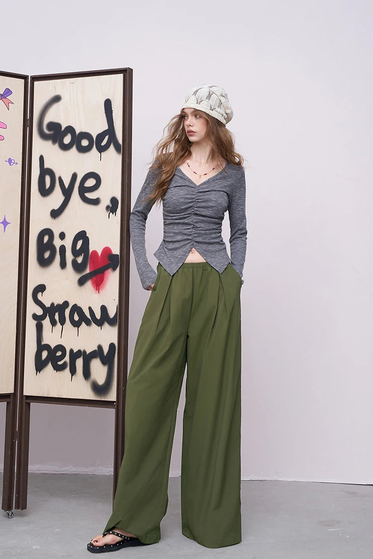 VILZSTUDIOS Solid Loose Wrinkled Straight Leg Pants